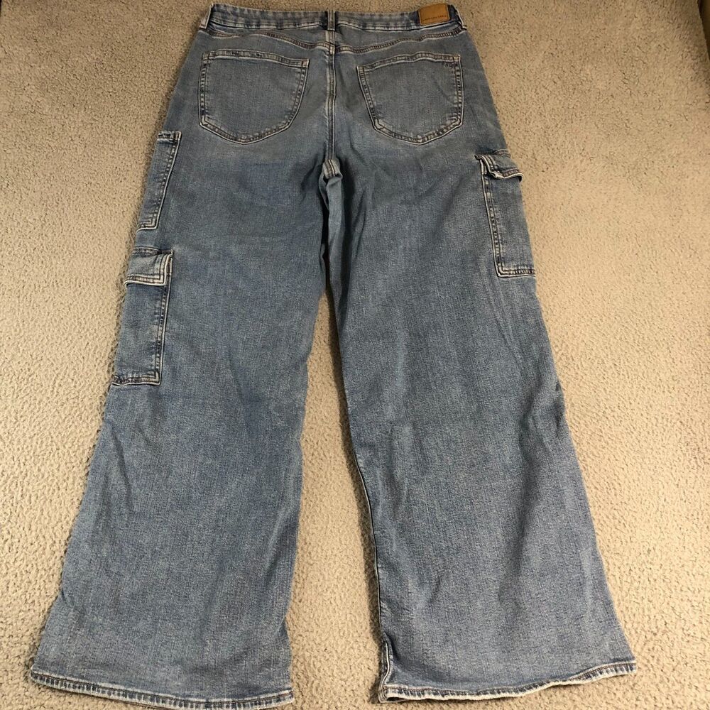 American Eagle Jeans Women 16 Cargo Blue Curvy Wide Leg Baggy High Rise Stretch - Picture 6 of 9